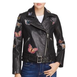 AQUA Butterfly Embellished Leather Moto Jacket